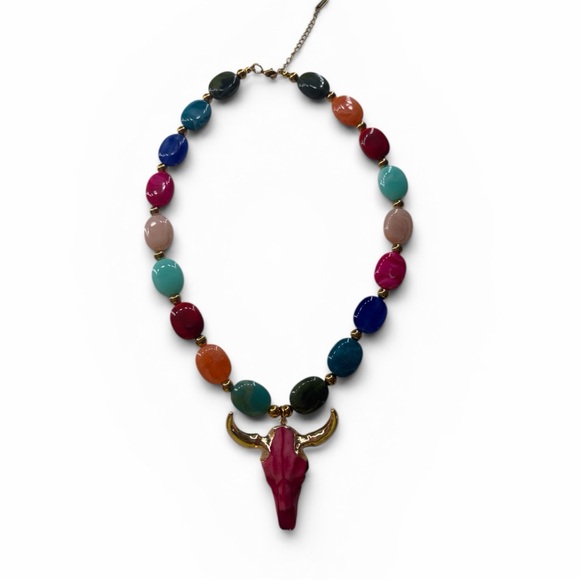 Multicolored Necklace,Pink, Gold Pendant Colorful Bull Skull Necklace,New - Picture 3 of 8